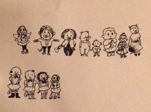 Two rows of monkey kids.  I like the little oddball with the fairy wings in the first one!  She needs a story! :3